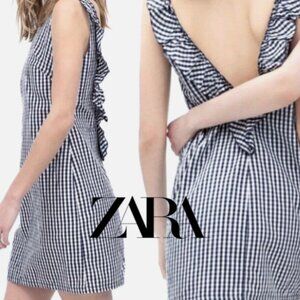 ZARA Blue White Open Ruffle Back Gingham Dress Women’s Size Large-100% Cotton